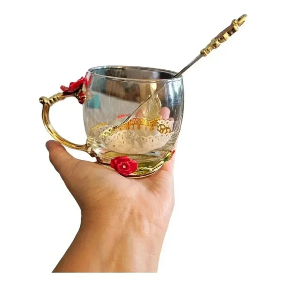 Arc of France Glass Tea Coffee Red Rose & Purple Butterfly Matching Spoon - Picture 5 of 6